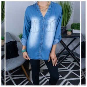 NWOT Zenana Chambray Long Sleeve Denim Washed Button Down Top